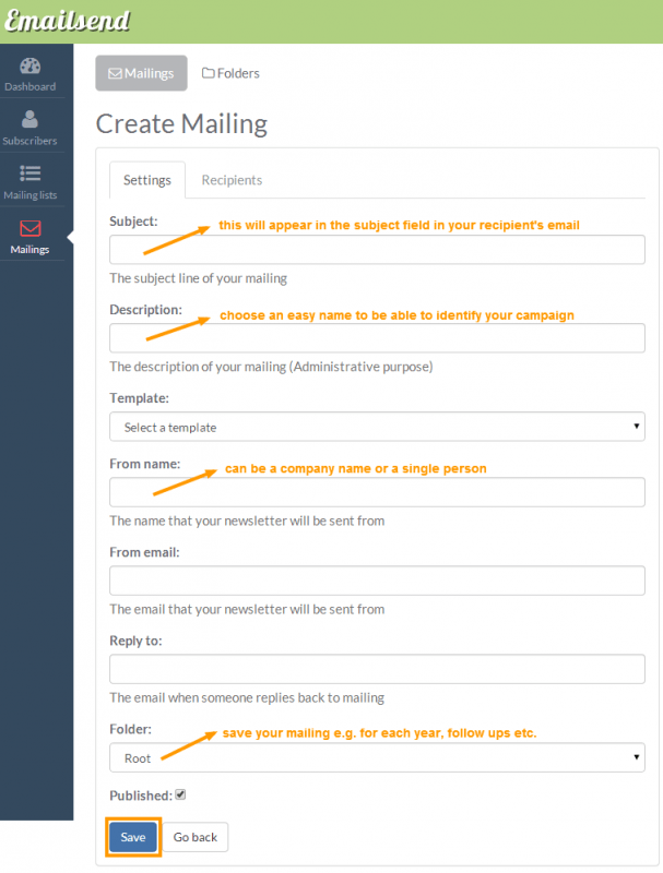 Create Mailing Emailsend